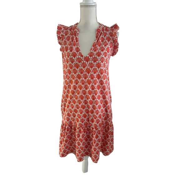 BODEN Orange White Ruffle Sleeve Dres Size 6 Long - Picture 2 of 7